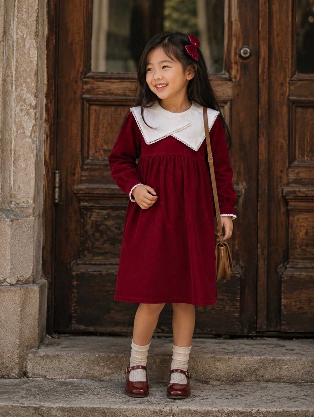 Vintage Chuckles Burgundy Velvet Peter Pan Collar Holiday Christmas Dress 6/7Y